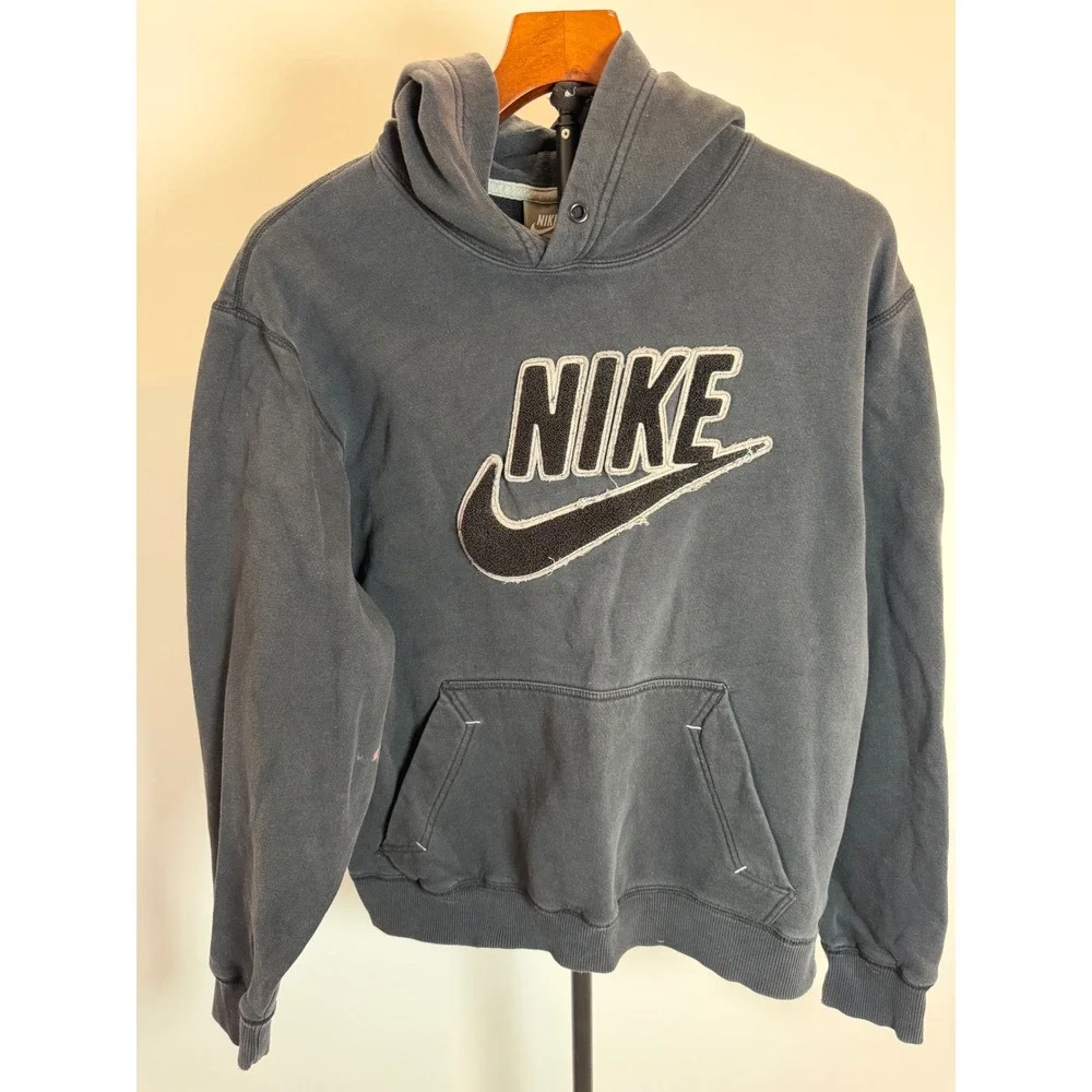Nike Sportswear Chenille Logo Hoodie Faded Black Mens Small Vtg Center Swoosh